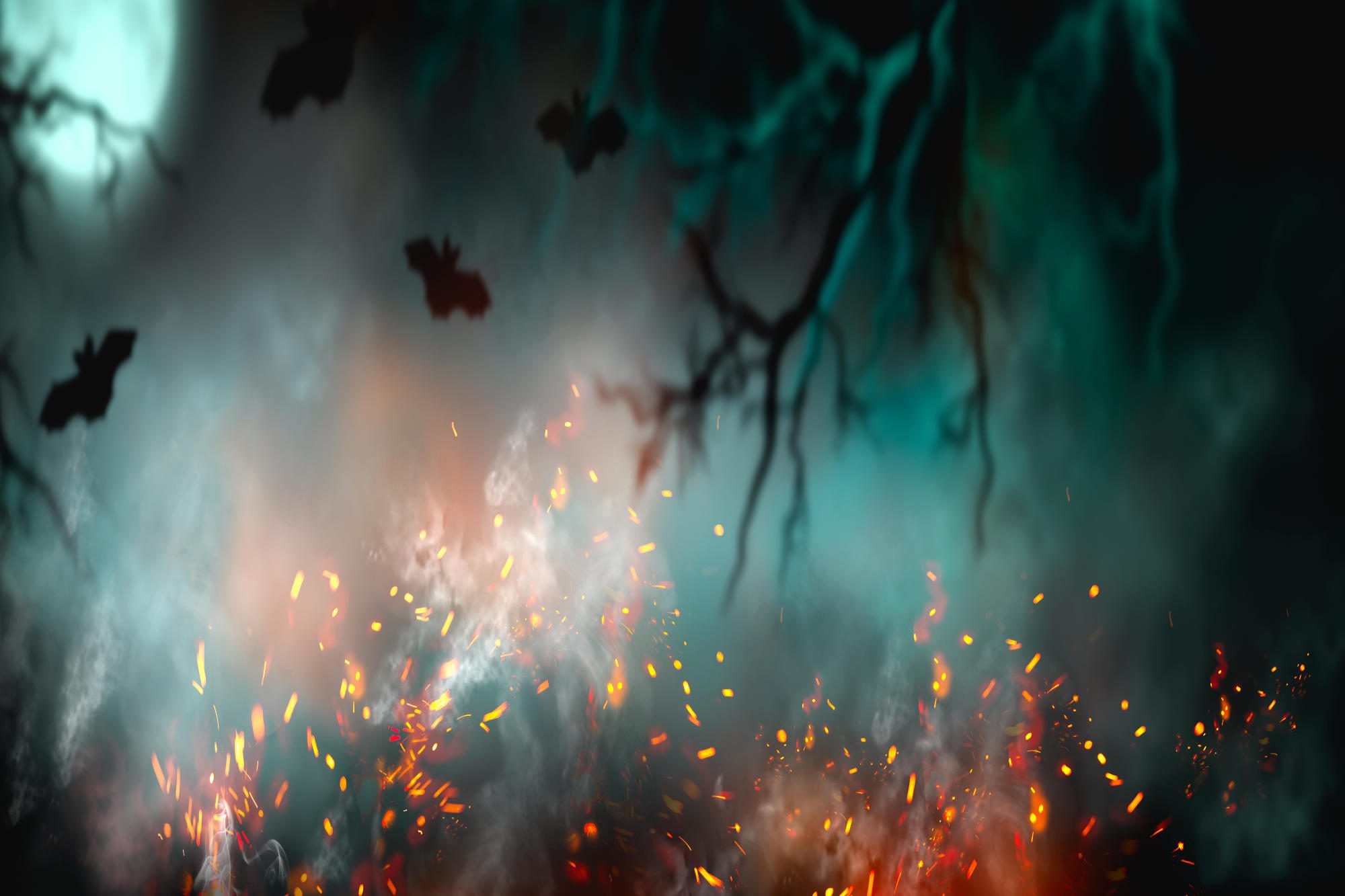 Dark deep forest backdrop with smoke, fire, vampire bats.