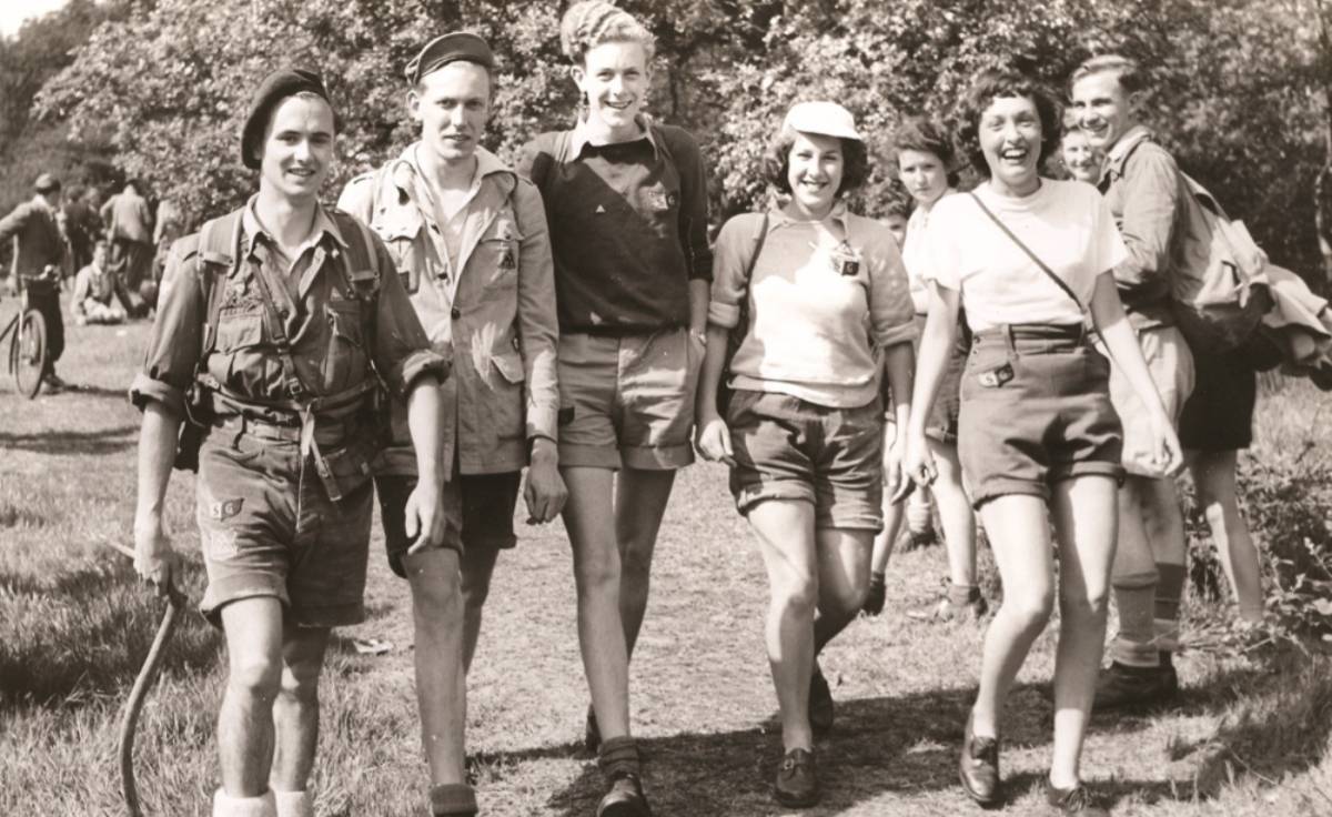 Group walking side by side in vintage image