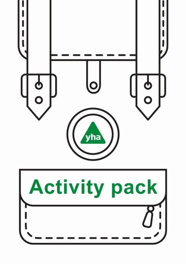 Line drawing of a satchel with the YHA logo and 'activity pack' written in green