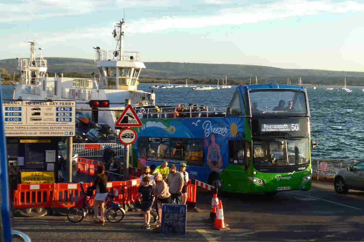 bus and ferry near the sea