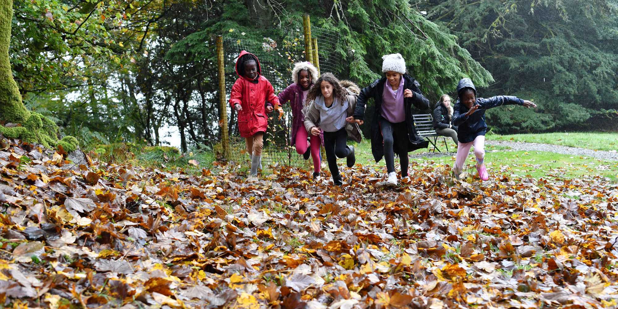 Group of schoolchildren running through autumn leaves
