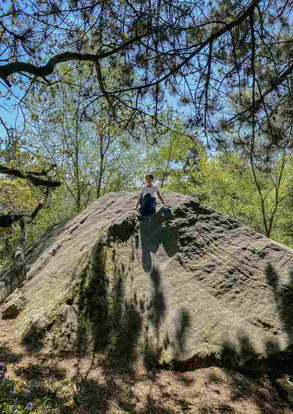A boy sat on a big rock