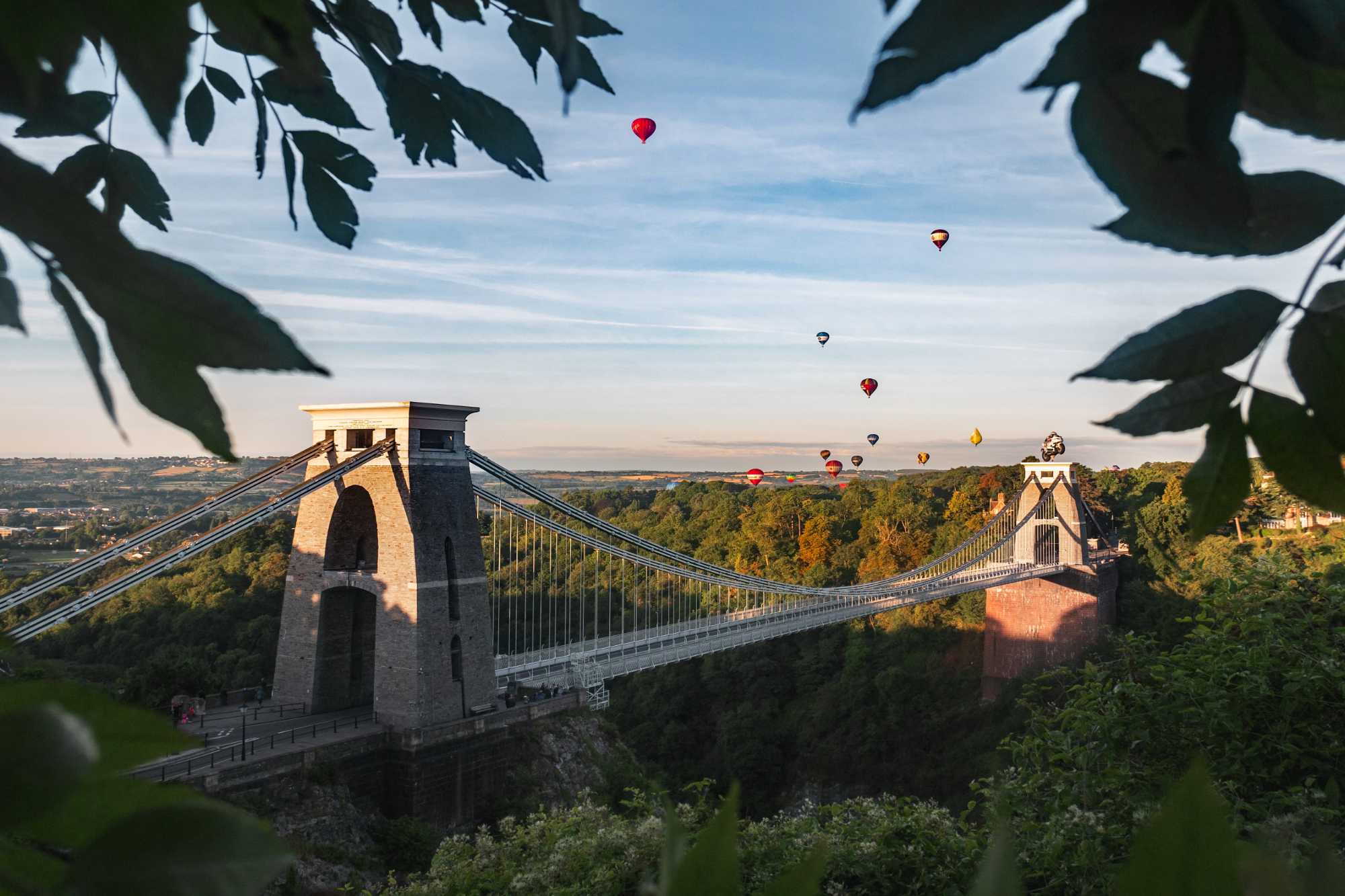 Hot air balloons over Clifton Suspension Bridge in Bristol