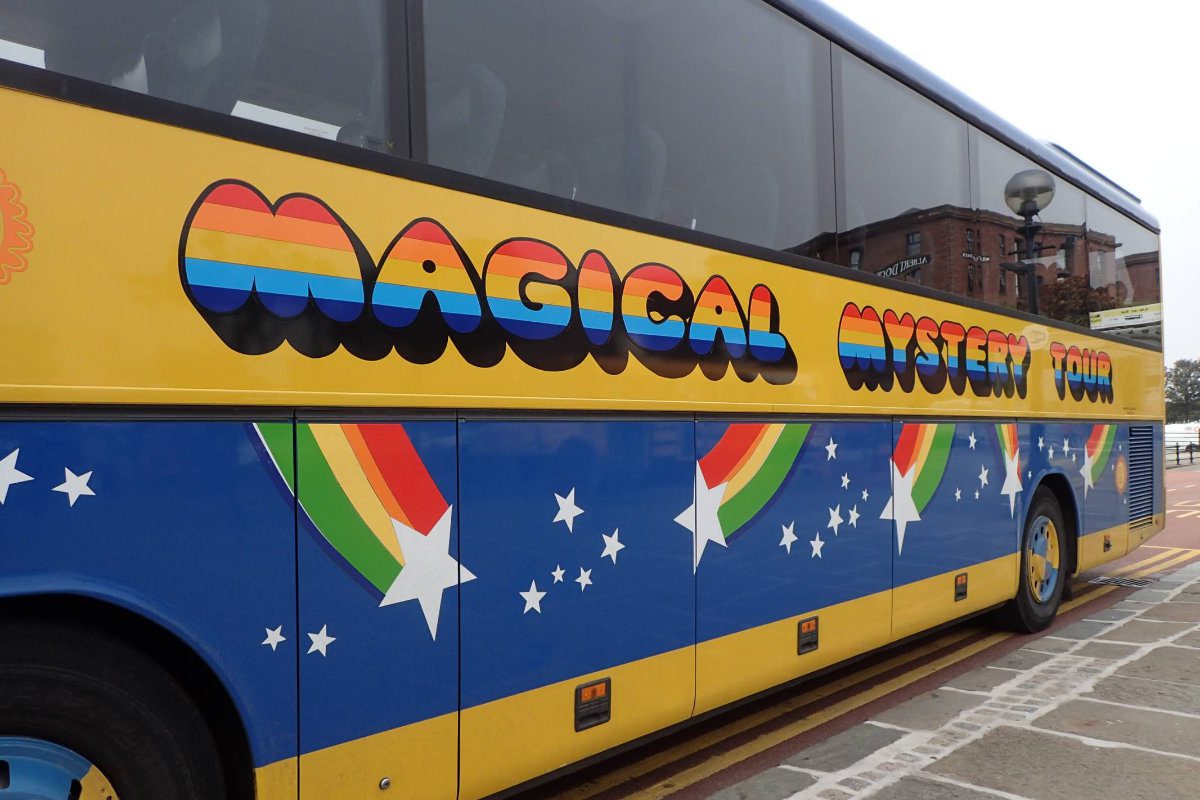 Magical mystery bus design on the side of a coach