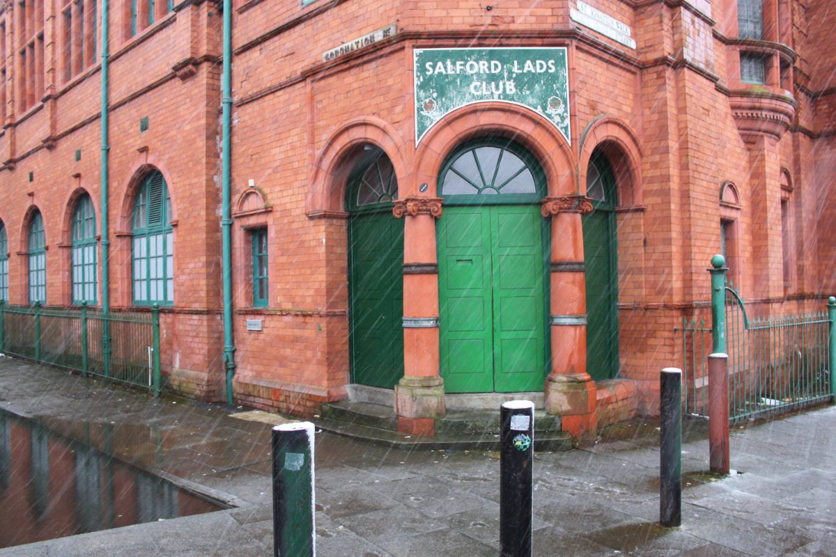 Salford Lads Club exterior in the rain