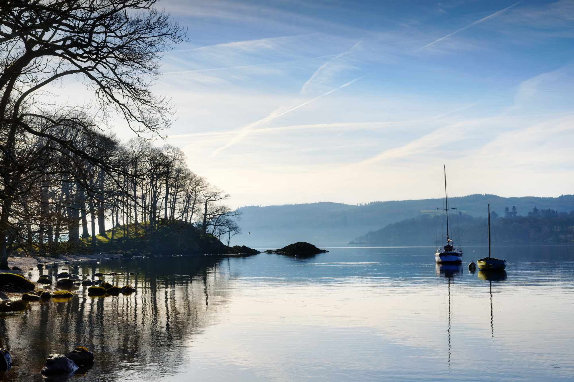 Beautiful view of a winter morning on Windermere in the Lake District