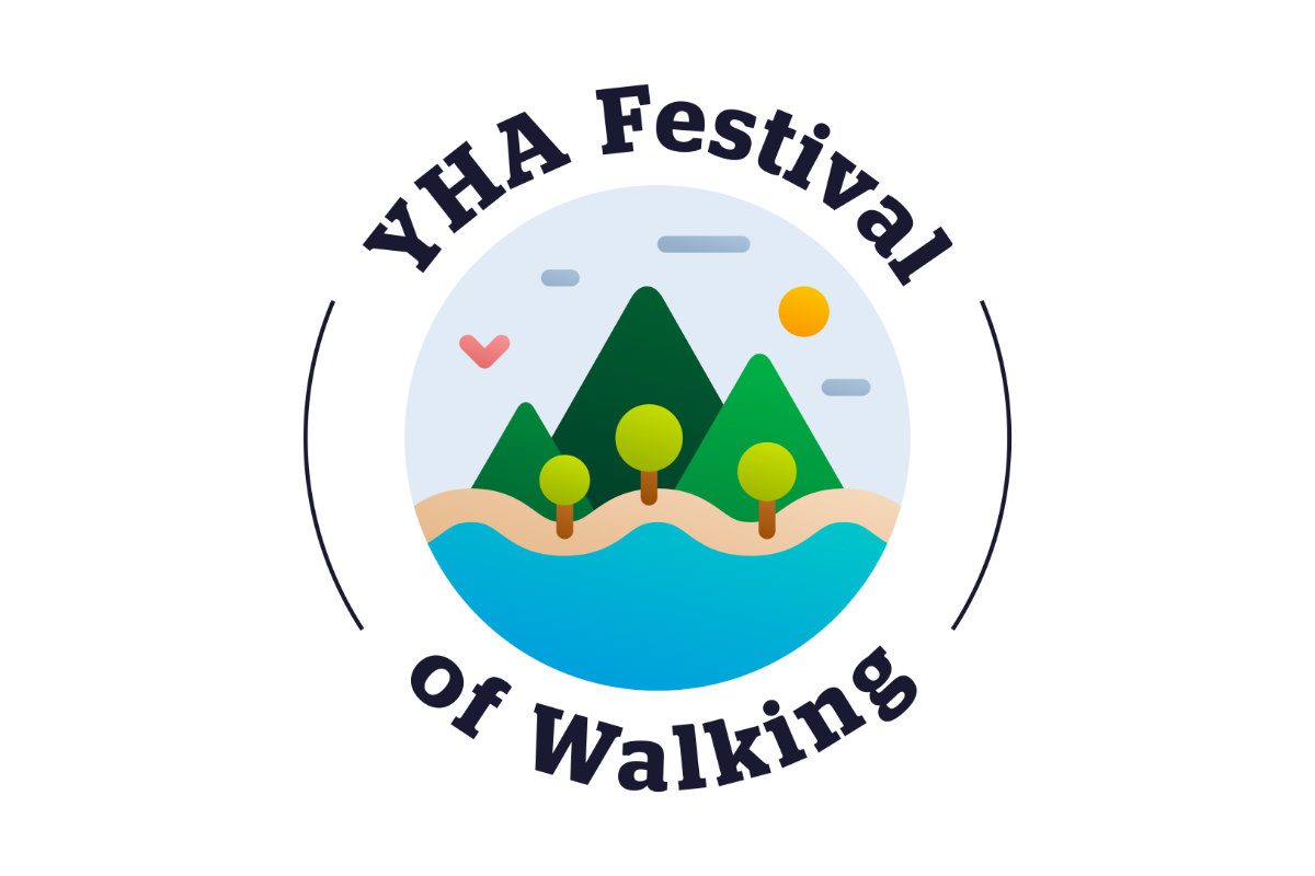 YHA Festival of walking logo with illustrated trees infront of mountain and river