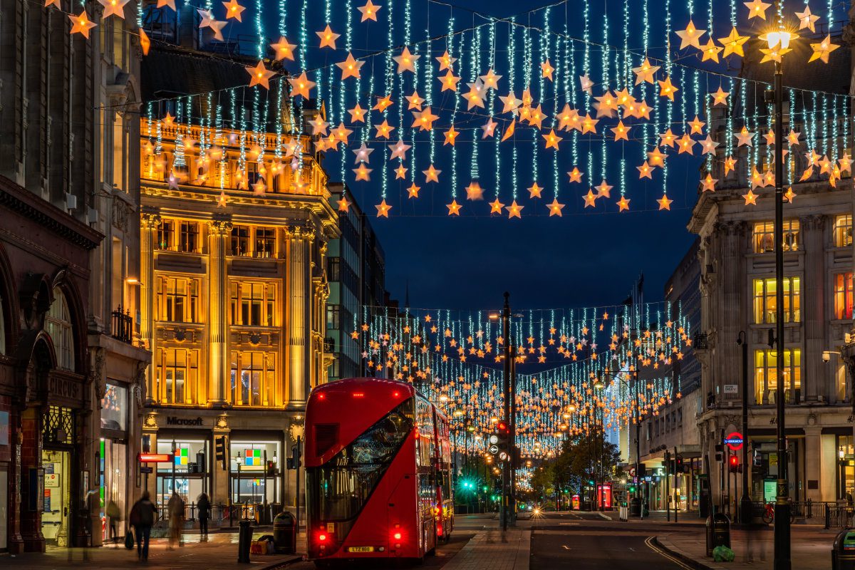 Oxford Street in London decorated with sparkling stars for Christmas