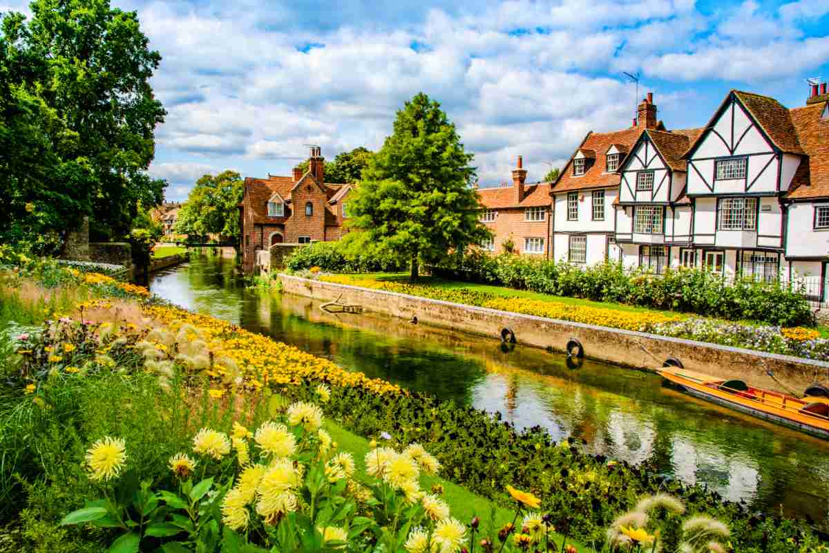 The Great Stour river banks in Canterbury, Kent, UK
