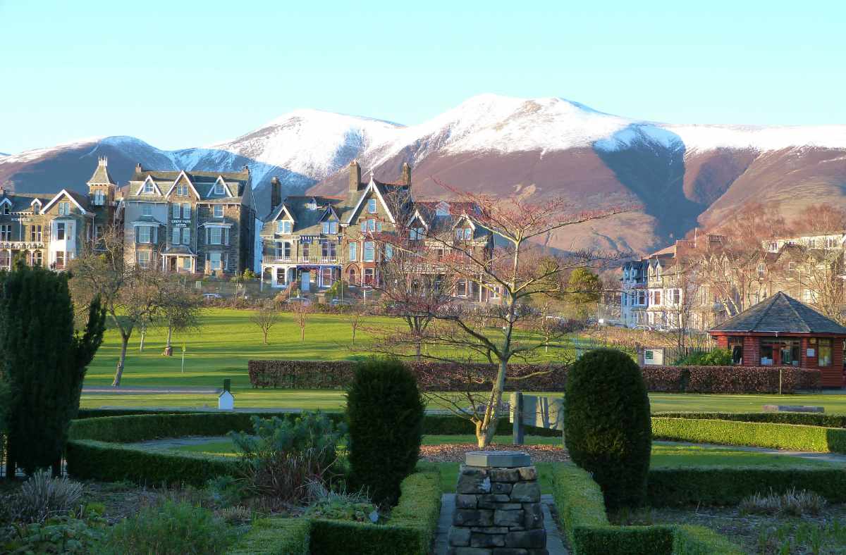 A photo of Keswick with snowy Skiddaw in the background