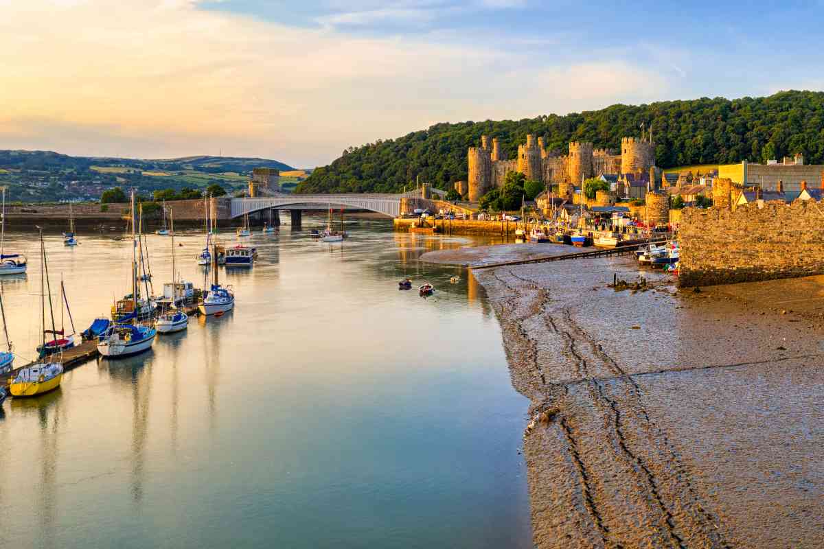 Conwy Old town, port and castle, North Wales, United Kingdom, panoramic view in the early morning light