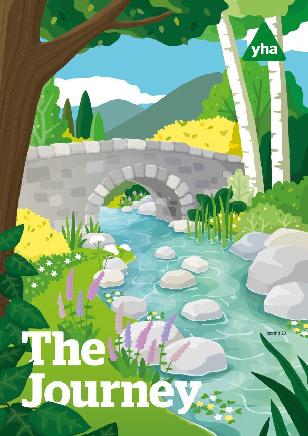 The Journey: spring 23 illustration of peaceful river flowing under a bridge surrounded by blue sky and wildlife
