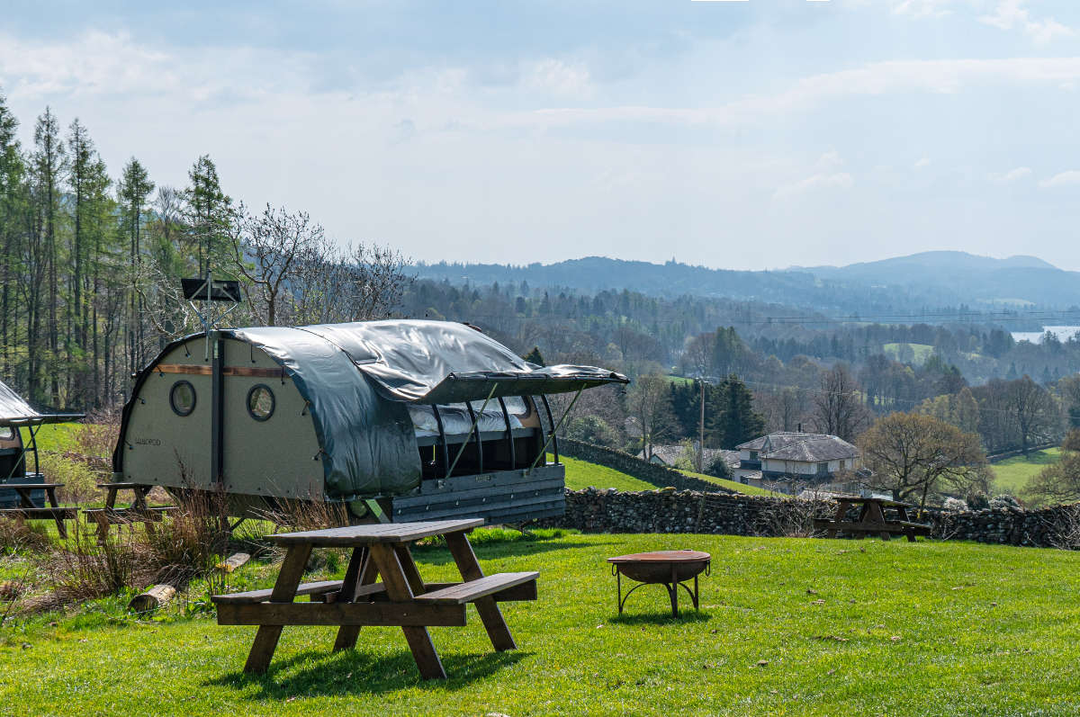Landpods Extended Windermere in the sun with a view of the lake and surrounding fells