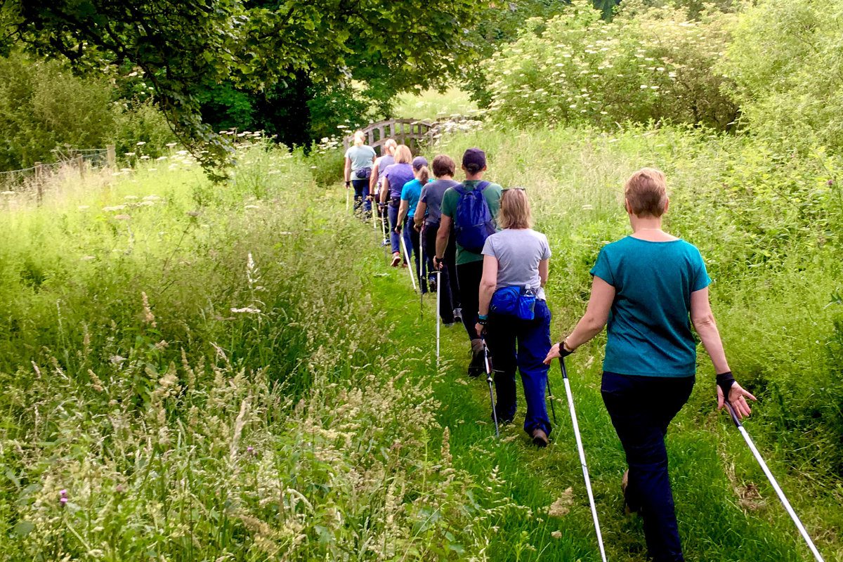 Group of Nordic Walkers in a field