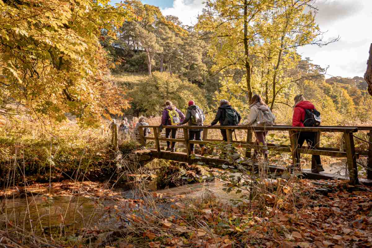 A group of walkers walking over a bridge in the Peak District in autumn
