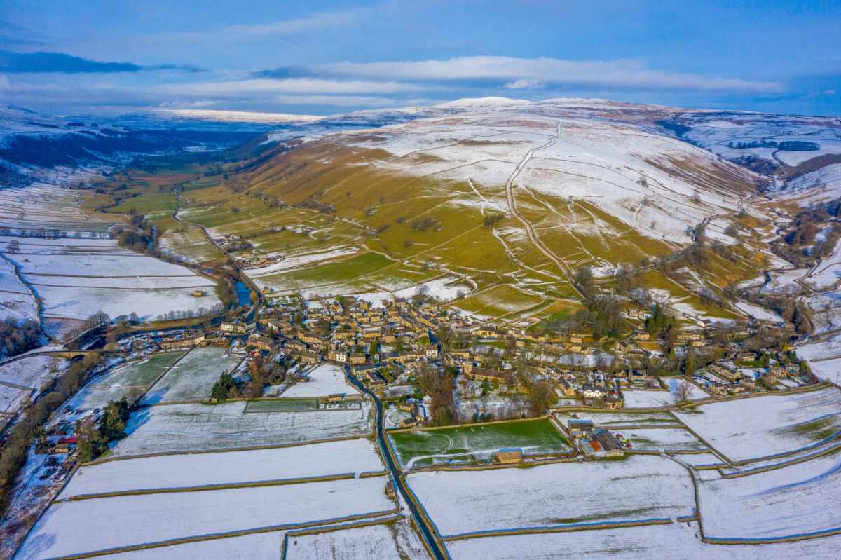 Aerial view of a snowy Kettlewell