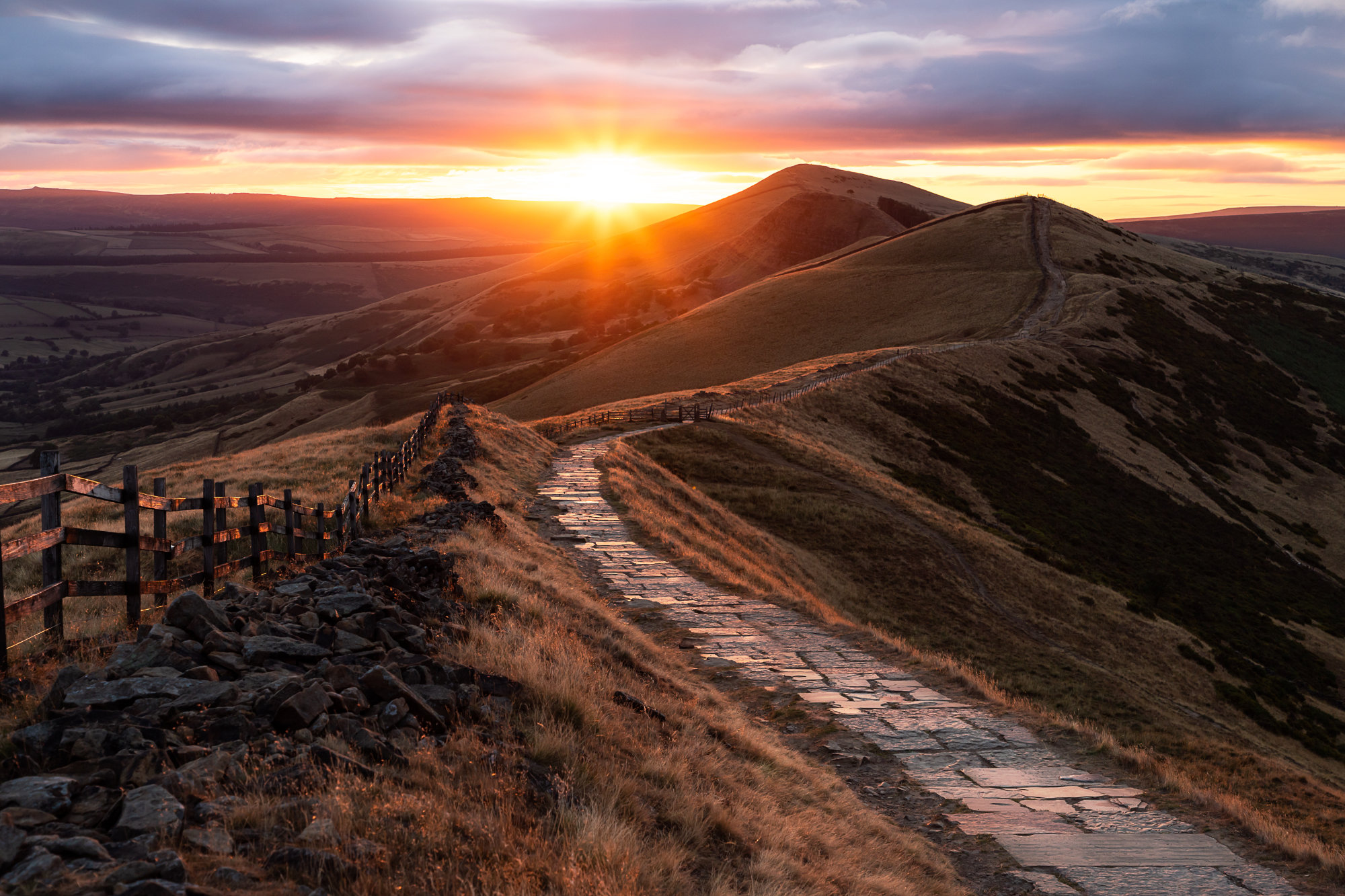 View over the Peak District at sunrise