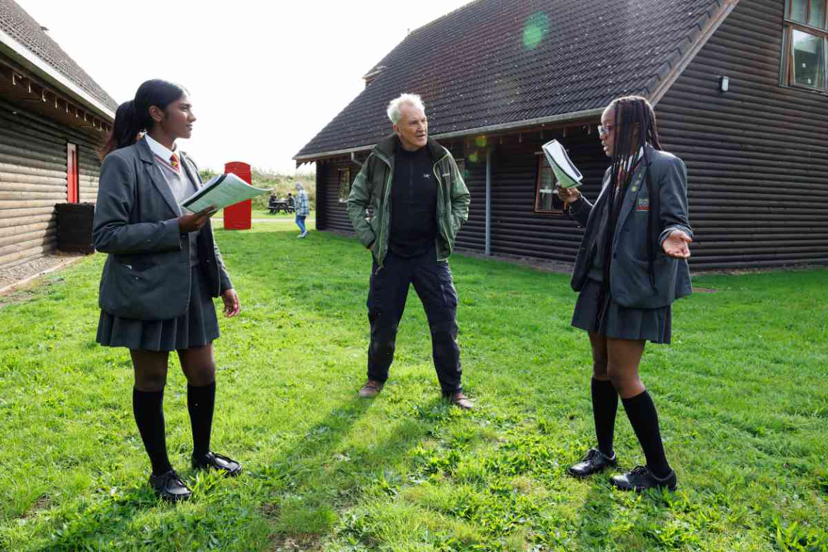 Larry Lamb and two young adults acting outdoors at YHA London Lee Valley