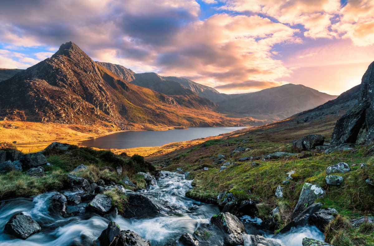 Eryri National Park under a beautiful colourful sunset sky (previously known as Snowdonia)