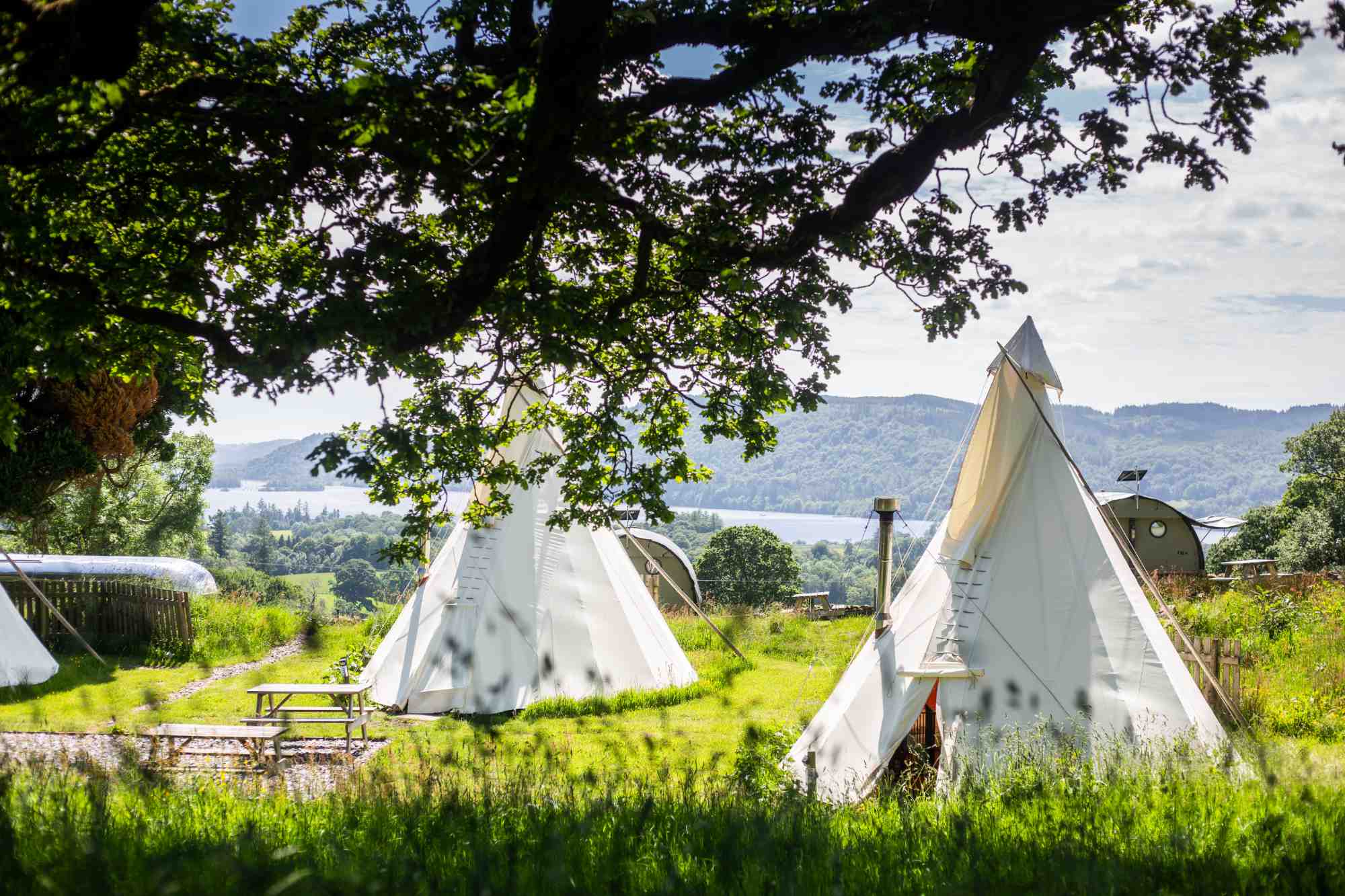 Tipis, landpods and an airstream in the grounds of YHA Windermere