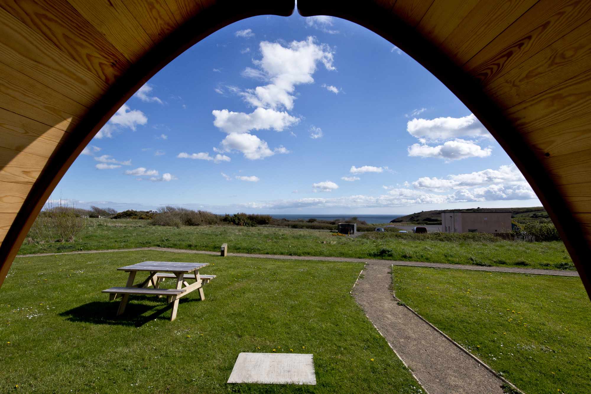 The view from a camping pod at YHA Manorbier