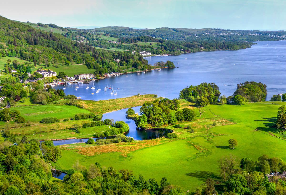 Aerial view of Windermere on a sunny day