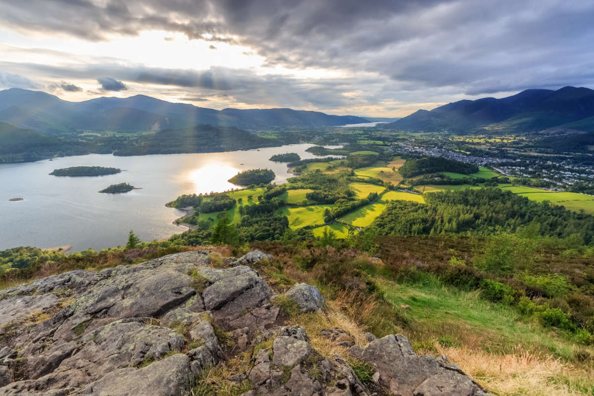 View of Derwentwater with surrounding forests and fells